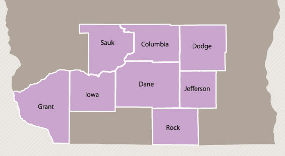 map of Columbia, Dane, Dodge, Grant, Iowa, Jefferson, Rock, and Sauk Counties