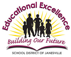 Logo for the School District of Janesville, featuring a book and some children
